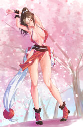 Rule 34 | 1girl, ;), absurdres, arm guards, arms up, breasts, brown eyes, brown hair, cherry blossoms, cleavage, closed mouth, commentary request, fatal fury, high ponytail, highres, japanese clothes, large breasts, legs, long hair, looking at viewer, ninja, omaehasaigoni, one eye closed, pelvic curtain, ponytail, revealing clothes, shiranui mai, smile, solo, stretching, tabi, the king of fighters, thighs, tree
