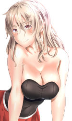 Rule 34 | 10s, 1girl, bare arms, bare shoulders, blush, breasts, cleavage, corset, female focus, hair between eyes, head tilt, highres, kantai collection, large breasts, light brown hair, long hair, looking at viewer, pola (kancolle), red eyes, red skirt, simple background, skirt, smile, solo, strapless, takamichis211, upper body, wavy hair, white background