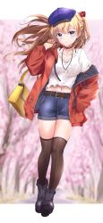 Rule 34 | @shun, bag, beret, blouse, blue eyes, blue hat, boots, brown hair, character name, clothes writing, earrings, handbag, hat, highres, interface headset, jacket, jewelry, long hair, looking at viewer, neon genesis evangelion, shirt, short shorts, shorts, solo, souryuu asuka langley, thighhighs, twintails