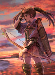 Rule 34 | 10s, 1girl, adjusting hair, beach, black hair, boots, bow (weapon), cloud, cloudy sky, frown, fukutarou (enji127), grey hair, kantai collection, muneate, ocean, sky, solo, sunset, thigh boots, thighhighs, twintails, weapon, zuikaku (kancolle)