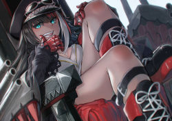 Rule 34 | 1girl, azur lane, black hair, blue eyes, blush, boots, breasts, cleavage, cross, cross-laced footwear, deutschland (azur lane), gauntlets, gloves, hair between eyes, hat, iron cross, lace-up boots, long hair, long sleeves, looking at viewer, multicolored hair, myuutau tadakichi, open mouth, platform boots, platform footwear, red gloves, red hair, sharp teeth, sitting, smile, solo, streaked hair, teeth, tongue, turret, very long hair, white hair