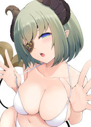 Rule 34 | 1girl, nanashi inc., :o, absurdres, bare arms, bare shoulders, bikini, blue eyes, breasts, cleavage, collarbone, eyepatch, green hair, head tilt, highres, honey strap, horns, large breasts, lifting own clothes, navel, one eye covered, open mouth, pointy ears, sekishiro mico, short hair, solo, strap lift, swimsuit, temari rin, upper body, virtual youtuber, white bikini