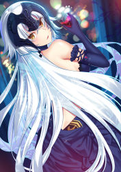 Rule 34 | 1girl, alcohol, backless dress, backless outfit, backlighting, bare shoulders, black dress, black gloves, blurry, blush, bokeh, breasts, butt crack, cup, depth of field, dimples of venus, dress, drinking glass, dutch angle, elbow gloves, evening gown, fate/apocrypha, fate (series), frilled gloves, frills, gem, gloves, headpiece, holding, holding cup, holding drinking glass, jeanne d&#039;arc (fate), jeanne d&#039;arc alter (avenger) (fate), jeanne d&#039;arc alter (fate), jeanne d&#039;arc alter (holy night supper) (fate), long hair, looking at viewer, looking back, majin (kiidoumajin), medium breasts, parted lips, pillar, sideboob, silver hair, solo, sparkle, standing, straight hair, very long hair, wine, wine glass, yellow eyes