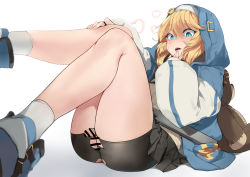 Rule 34 | 1boy, artist request, bike shorts, blonde hair, blue eyes, blush, bridget (guilty gear), censored, fingerless gloves, flaccid, gloves, guilty gear, guilty gear strive, long hair, male focus, penis, shorts, simple background, solo, sweatdrop, testicles, torn clothes, trap, white background