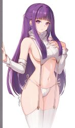 Rule 34 | 1girl, bare shoulders, blunt bangs, breasts, bright pupils, closz, commentary, cowboy shot, detached sleeves, fern (sousou no frieren), hand on own chest, highres, long hair, long sleeves, looking at viewer, medium breasts, meme attire, midriff, navel, panties, purple eyes, purple hair, side-tie panties, sidelocks, simple background, solo, sousou no frieren, standing, stomach, thighhighs, thighs, turtleneck, underwear, very long hair, virgin destroyer sweater, white background, white panties, white pupils, white thighhighs