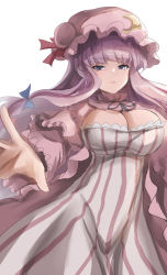 Rule 34 | 1girl, blue bow, bow, breasts, cleavage, closed mouth, cowboy shot, crescent, crescent pin, dress, hair bow, hat, highres, large breasts, long sleeves, looking at viewer, multiple bows, namiki (remiter00), patchouli knowledge, pink hat, purple eyes, simple background, solo, standing, striped clothes, striped dress, touhou, white background
