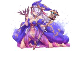Rule 34 | 1girl, :o, barefoot, breasts, c-string, creature, detached sleeves, eva (sennen sensou aigis), full-body tattoo, full body, hair over one eye, hat, holding, holding staff, kneeling, light purple hair, long hair, medium breasts, navel, official art, pubic tattoo, red eyes, sennen sensou aigis, solo, staff, stomach tattoo, strapless bottom, tattoo, transparent background, tsukigami chronica