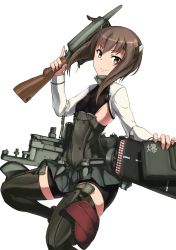 Rule 34 | 1girl, bike shorts, bow (weapon), breasts, brown eyes, brown hair, corset, crossbow, headband, headgear, highres, kantai collection, long sleeves, looking at viewer, machinery, pleated skirt, short hair, sidelocks, skirt, small breasts, solo, taihou (kancolle), thighhighs, tsukira (amayadori), weapon, white background