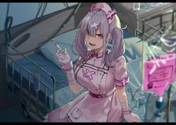 Rule 34 | 1girl, apron, bandages, bed, blush, breasts, drugs, gloves, grey hair, hair over one eye, hat, hospital, hospital bed, indoors, intravenous drip, large breasts, looking at viewer, mole, mole under eye, nijisanji, noeru, nurse, nurse cap, open mouth, pill, pillow, pink eyes, scissors, sidelocks, sitting, smile, solo, sukoya kana, syringe, twintails, virtual youtuber, white gloves, wrist cuffs, wristband