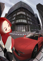 Rule 34 | 1girl, absurdres, black pants, blush, breasts, brown eyes, car, city, fang, fangs, fisheye, forehead, hands in pockets, head tilt, highres, medium breasts, motor vehicle, open mouth, original, pants, red hair, red shirt, shirt, smile, solo, sports car, torepon, toyota mr2, toyota mr2 sw20, white sleeves
