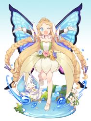 Rule 34 | 1girl, ;d, armpits, blonde hair, blue background, blue eyes, blush, braid, butterfly wings, collarbone, commentary, creature, detached collar, detached sleeves, dragon, drill hair, fairy, flower, flower request, flower skirt, full body, gloves, gradient background, hair flaps, high heels, highres, holding, holding flower, insect wings, leg up, long hair, looking at viewer, merc storia, minie, multi-tied hair, one eye closed, open mouth, outstretched arms, parted bangs, plant, pointy ears, pond, sarodia, sidelocks, smile, spread arms, tiara, twin braids, twin drills, very long hair, water, water drop, waterfall, white background, white footwear, white gloves, wings