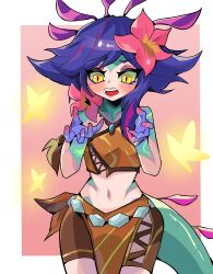 Rule 34 | 1girl, absurdres, bare shoulders, beseunaj-jamjaneun gemdol-i, blue hair, breasts, brown shirt, brown shorts, bug, butterfly, colored skin, crop top, flower, green skin, hair flower, hair ornament, hands up, highres, insect, league of legends, long hair, multicolored hair, navel, neeko (league of legends), shirt, shorts, slit pupils, small breasts, smile, solo, stomach, tail, teeth, tongue