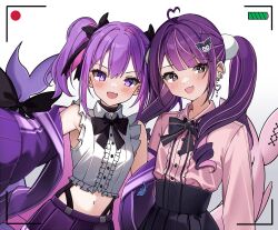 Rule 34 | 2boys, absurdres, black eyes, blush, bow, bowtie, cellphone photo, commission, commissioner upload, crossdressing, earrings, fang, fins, fish tail, hair ornament, hair ribbon, highres, jacket, jewelry, long hair, long sleeves, looking at viewer, low twintails, moenaomii, multiple boys, open clothes, open jacket, open mouth, outstretched arm, pink hair, pink shirt, pleated skirt, purple eyes, purple hair, purple jacket, recording, ribbon, sammy same, selfie, shark, shark tail, shirt, short twintails, skin fang, skirt, smile, tail, trap, twintails, viewfinder, virtual youtuber, wayanfa, white shirt