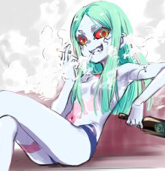 Rule 34 | 1girl, 774 (nanashi), alcohol, aqua hair, blunt ends, bottle, breasts, cigarette, colored sclera, colored skin, commentary, crossed legs, cyberpunk (series), cyberpunk edgerunners, fang, grin, hair censor, hair over breasts, holding, holding bottle, holding cigarette, leg tattoo, long hair, navel, neck tattoo, panties, parted bangs, petite, rebecca (cyberpunk), reclining, red sclera, sketch, small breasts, smile, smoke, smoking, solo, stomach tattoo, tattoo, teeth, topless, underwear, underwear only, white skin