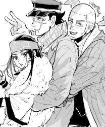 Rule 34 | 1girl, 2boys, :d, ainu, ainu clothes, arm up, asirpa, bandana, beard, black eyes, black hair, blush, buzz cut, cape, coat, commentary request, ear piercing, earrings, facial hair, facial scar, from side, fur cape, goatee, golden kamuy, greyscale, hat, headband, hoop earrings, hug, hug from behind, imperial japanese army, jacket, jewelry, kepi, long hair, long sideburns, long sleeves, looking at viewer, military, military hat, military uniform, monochrome, multiple boys, open mouth, osmt328, parted lips, piercing, scar, scar on cheek, scar on face, scar on mouth, scar on nose, scarf, shiraishi yoshitake, short hair, sideburns, sidelocks, signature, simple background, smile, sugimoto saichi, uniform, upper body, v, very short hair, white background
