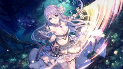 Rule 34 | 1girl, arm guards, blue eyes, breasts, cleavage, cygames, hair ornament, layered skirt, official art, princess connect!, purple hair, shizuru (princess connect!), skirt, solo, sword, thighhighs, weapon