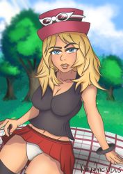 Rule 34 | absurdres, armband, belly, black shirt, black thighhighs, blanket, blonde hair, blue eyes, breasts, chromatic aberration, cleavage, clothes, clothes lift, creatures (company), dress, eyewear on head, eyewear on headwear, forest, game freak, hat, highres, kinkyincubus, lipstick, makeup, mega ring, midriff, nature, navel, nintendo, panties, pleated skirt, pokemon, pokemon xy, red skirt, self-upload, serena (pokemon), shirt, skirt, sleeveless, sleeveless shirt, solo, sunglasses, sunglasses on head, thick thighs, thighhighs, thighs, underwear, upskirt, white panties