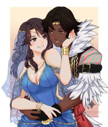 Rule 34 | 1boy, 1girl, absurdres, bare shoulders, blue dress, breasts, commission, dark-skinned male, dark skin, dress, feather collar, fire emblem, fire emblem engage, fogado (fire emblem), gold circlet, gold headband, head chain, highres, jewelry, large breasts, nintendo, original, outside border, prince, see-through, see-through veil, sierra117renner, star-shaped pupils, star (symbol), symbol-shaped pupils, veil