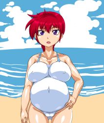 Rule 34 | 1girl, beach, breasts, cloud, covered erect nipples, eyeshadow, female focus, gender request, genderswap, kitsune-tsuki (getter), large breasts, looking at viewer, makeup, navel, nipples, open mouth, outdoors, ponytail, pregnant, purple eyes, ranma-chan, ranma 1/2, red hair, saotome ranma, sky, solo, standing, swimsuit, water