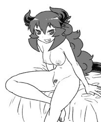 Rule 34 | 1girl, bar censor, borrowed character, breasts, censored, demon girl, demon horns, demon tail, fang, female pubic hair, greyscale, grin, horns, large breasts, long hair, maou beluzel, monochrome, nipples, nude, original, pubic hair, sitting, smile, solo, tail, tsukudani (coke-buta), yuusha to maou