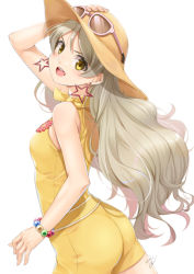 Rule 34 | 1girl, adjusting clothes, adjusting headwear, ass, blush, breasts, commentary request, dress, earrings, green eyes, handa roco, hat, idolmaster, idolmaster million live!, jewelry, long hair, looking at viewer, miri (ago550421), open mouth, signature, small breasts, smile, solo, yellow dress, yellow eyes
