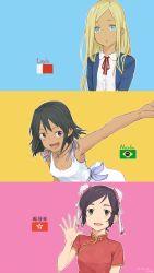 Rule 34 | &gt;:d, 10s, 3girls, :d, artist name, black hair, brazilian flag, character name, chinese clothes, chinese text, collarbone, collared shirt, commentary request, dark-skinned female, dark skin, dated, dress, dress shirt, dubai and ajman flag, head tilt, highres, hong kong regional flag, idolmaster, idolmaster cinderella girls, jewelry, kawashina (momen silicon), layla (idolmaster), long hair, looking at viewer, multicolored background, multiple girls, natalia (idolmaster), neck ribbon, necklace, open mouth, outline, outstretched arm, parted lips, purple eyes, red ribbon, ribbon, shirt, short hair, sleeveless, sleeveless dress, smile, swept bangs, v-shaped eyebrows, waving, white dress, white shirt, wing collar, yao fueifuei