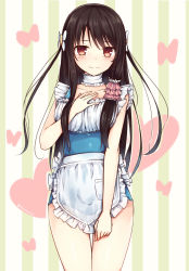 Rule 34 | 1girl, absurdres, apron, black hair, blush, brown eyes, hair ornament, hand on own chest, heart, heart background, highres, maid, maid one-piece swimsuit, nontraditional school swimsuit, original, school swimsuit, solo, striped, striped background, swimsuit, tsuchikure, unconventional maid, wavy mouth