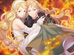 Rule 34 | 2girls, armor, artist name, avlora (triangle strategy), black eyes, blonde hair, carrying, closed mouth, cordelia glenbrook, dress, feet out of frame, fire, fur collar, grey eyes, highres, long hair, looking at viewer, multiple girls, princess carry, shikimiorange, shoulder armor, swept bangs, triangle strategy, twitter username, upper body, white dress