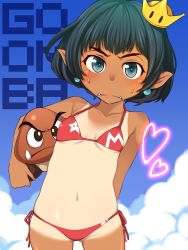 Rule 34 | 1girl, absurdres, animal, arm behind back, bikini, blush, bra, breasts, character name, closed mouth, cloud, cloudy sky, commentary request, day, dual persona, earrings, fangs, frown, gluteal fold, goomba, green hair, groin, heart, highres, holding, holding animal, huge filesize, jewelry, leaning to the side, looking at viewer, lowleg, lowleg bikini, mario (series), nintendo, one-piece tan, outdoors, partial commentary, pointy ears, print bra, red bikini, shiroobi (whitebeltmaster), short hair, side-tie bikini bottom, sky, small breasts, solo, standing, star (symbol), star print, super crown, sweatdrop, swimsuit, tan, tanline, tilted headwear, underwear
