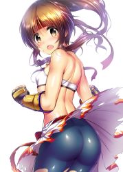 Rule 34 | 1girl, ass, back, bandeau, bare shoulders, bike shorts, blush, bra, breasts, brown hair, clothes lift, commentary request, cowboy shot, gauntlets, headband, idolmaster, idolmaster cinderella girls, long hair, ment, open mouth, ponytail, skin tight, skirt, sleeveless, small breasts, standing, sweatdrop, takamori aiko, torn clothes, torn skirt, underwear, yellow eyes