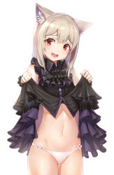 Rule 34 | 1girl, :d, absurdres, animal ear fluff, animal ears, black dress, blonde hair, blush, btraphen, cat ears, clothes lift, commentary, cowboy shot, dress, dress lift, fang, frilled dress, frills, groin, head tilt, highres, lifted by self, long hair, looking at viewer, navel, open mouth, original, panties, red eyes, round teeth, simple background, sleeveless, sleeveless dress, smile, solo, standing, stomach, tareme, teeth, underwear, white background, white panties, wing collar