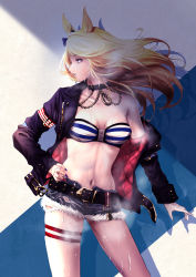Rule 34 | 1girl, animal ears, bandeau, bare shoulders, belt, black belt, black choker, black jacket, black nails, blonde hair, breasts, choker, cleavage, collarbone, commentary, cowboy shot, cutoffs, floating hair, gold city (umamusume), horse ears, jacket, long hair, long sleeves, looking to the side, medium breasts, midriff, nail polish, navel, off shoulder, okazuwa shake, open clothes, open jacket, parted lips, profile, purple eyes, shadow, short shorts, shorts, solo, standing, stomach, strapless, striped bandeau, sweat, thigh strap, thighs, tube top, umamusume