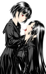 Rule 34 | 2girls, after kiss, black hair, black sailor collar, black serafuku, black shirt, black skirt, blood trail, closed mouth, commentary request, fangs, hands on another&#039;s face, highres, long hair, looking at another, multiple girls, open mouth, original, red eyes, sailor collar, school uniform, serafuku, shirt, simple background, skirt, smile, takekawa shin, tongue, tongue out, vampire, white background, yuri