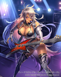 Rule 34 | 1girl, bare shoulders, boots, breasts, commentary request, copyright name, cuboon, dark-skinned female, dark skin, elbow gloves, electric guitar, fingerless gloves, gloves, guitar, holding, instrument, large breasts, lips, long hair, midriff, mouth hold, official art, plectrum, purple eyes, shiny clothes, shiny skin, short shorts, shorts, silver hair, sleeveless, solo, stage, stage lights, thigh boots, thighhighs, venus rumble, very long hair, white thighhighs