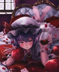 Rule 34 | &gt;:), 1girl, alcohol, apple, ascot, bad id, bad pixiv id, barefoot, blush, brooch, card, cherry, closed mouth, cup, dress, drinking glass, fang, feet, food, fruit, hat, hat ribbon, jewelry, looking at viewer, lying, mob cap, mouth hold, on bed, on stomach, ookashippo, playing card, purple hair, red eyes, red ribbon, remilia scarlet, ribbon, short hair, slit pupils, smile, soles, solo, the pose, touhou, v-shaped eyebrows, white dress, wine, wine glass