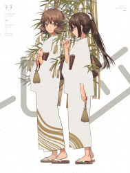 Rule 34 | 10s, 2girls, brown eyes, brown hair, character name, closed mouth, commentary request, copyright name, from side, hibike! euphonium, highres, holding, holding paper, japanese clothes, kimono, kousaka reina, looking at another, multiple girls, no socks, norizc, obi, origami, oumae kumiko, paper, paper crane, plant, ponytail, profile, sandals, sash, short hair, smile, standing, tanabata, walking, zouri