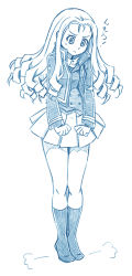 Rule 34 | 1girl, puff of air, bbb (friskuser), bc freedom military uniform, blue theme, clenched hands, closed mouth, commentary, dress shirt, drill hair, frown, full body, girls und panzer, high collar, highres, jacket, long hair, long sleeves, looking down, marie (girls und panzer), military, military uniform, miniskirt, monochrome, no shoes, pleated skirt, shirt, skirt, socks, solo, standing, sweatdrop, translated, uniform, vest