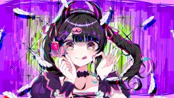Rule 34 | 1girl, absurdres, black hair, black hairband, blunt bangs, blush, brown eyes, candy, cevio, choker, closed mouth, commentary request, demon horns, denonbu, dress, fake horns, food, hair ribbon, hairband, hands up, highres, holding, holding candy, holding food, holding lollipop, horns, lollipop, long hair, looking at viewer, nail polish, official art, ok sign, pink nails, pink ribbon, puffy sleeves, purple choker, purple dress, reml, ribbon, smile, solo, sparkle, straight-on, tongue, tongue out, twintails, upper body, wrist cuffs, zarame yuki
