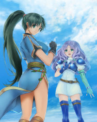 Rule 34 | 2girls, black gloves, blue footwear, blue gloves, boots, breasts, brown footwear, earrings, elbow gloves, fingerless gloves, fire emblem, fire emblem: the blazing blade, florina (fire emblem), gloves, green eyes, green gloves, green hair, highres, jewelry, knee boots, large breasts, long hair, looking at another, looking at viewer, lyn (fire emblem), multiple girls, nintendo, open mouth, ponytail, purple hair, shiro hougyoku, smile, thigh boots, thighhighs