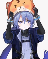 Rule 34 | 1boy, animal hat, black gloves, blue eyes, blue jacket, blush, bracelet, commentary request, elbow gloves, elsword, gloves, grey background, hair between eyes, hat, highres, jacket, jewelry, korean commentary, looking to the side, male focus, noah ebalon, open clothes, open jacket, pba 471, purple hair, ribbed shirt, shirt, short hair, short sleeves, silent shadow (elsword), simple background, solo, sweat, tiger hat, upper body, white shirt