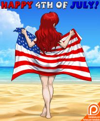 Rule 34 | 1girl, american flag, ass, beach, blue sky, cloud, drawn that way, female focus, flag, fourth of july, from behind, highres, holding, holding flag, long hair, nude, outdoors, patreon username, ranma-chan, ranma 1/2, red hair, sand, saotome ranma, sky, solo, standing, water, watermark, web address