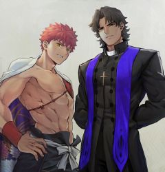 Rule 34 | 2boys, abs, arms behind back, bare pectorals, black pants, brown eyes, brown hair, cape, commentary, cross, cross necklace, emiya shirou, fate/grand order, fate/stay night, fate (series), grey background, hair intakes, hat, highres, igote, jewelry, kotomine kirei, looking at viewer, male focus, mitre, multiple boys, necklace, no nipples, okonon (kado colda), orange hair, pants, parted lips, pectorals, rasputin (fate), senji muramasa (fate), simple background, standing, toned, toned male, yellow eyes