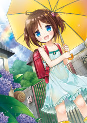 Rule 34 | 1girl, :d, backpack, bag, bare arms, bare shoulders, blue eyes, boots, brown hair, building, child, cloud, commentary request, day, dress, feet out of frame, female focus, flower, gate, green dress, hair ornament, hairclip, holding, holding umbrella, house, hydrangea, open mouth, original, outdoors, plant, rain, rainbow, randoseru, revision, rubber boots, scrunchie, see-through, short hair, sky, sleeveless, sleeveless dress, smile, snail, solo, sundress, two side up, umbrella, wall, water drop, wet, wet clothes, wet dress, yellow footwear, yellow umbrella, yukino minato
