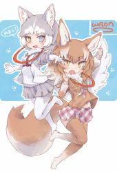 Rule 34 | 2girls, :3, animal ear fluff, animal ears, blue eyes, blush, commentary request, dog (mixed breed) (kemono friends), dog ears, dog tail, elbow gloves, fang, fangs, full body, fur collar, gloves, grey hair, harness, heterochromia, highres, jacket, japanese wolf (kemono friends), jumping, kemono friends, kolshica, light brown hair, long hair, long sleeves, looking at another, midriff peek, multicolored hair, multiple girls, navel, necktie, no shoes, open mouth, pantyhose, plaid, plaid neckwear, plaid skirt, pleated skirt, scarf, short hair, short sleeves, skirt, tail, thighhighs, vest, white hair, wolf ears, wolf tail, yellow eyes, zettai ryouiki