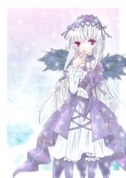 Rule 34 | 00s, bad id, bad pixiv id, dress, emo (artist), emo (mikan), hairband, long hair, rozen maiden, silver hair, solo, suigintou, wings