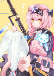 Rule 34 | 1girl, absurdres, animal, animal ears, arknights, black hairband, black skirt, blue bow, blush, bow, braid, cat, cat ears, cat girl, cat tail, closed mouth, coat, feet out of frame, flying sweatdrops, goldenglow (arknights), hair bow, hairband, highres, holding, holding animal, holding cat, holding staff, knees up, lightning bolt print, long hair, long sleeves, looking at viewer, luren max, miniskirt, pink hair, purple coat, scottish fold, side braid, simon (ttgl), simple background, sitting, skirt, solo, staff, striped clothes, striped thighhighs, tail, thighhighs, vertical-striped clothes, vertical-striped thighhighs, white thighhighs, yellow background, yellow eyes
