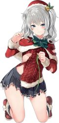 Rule 34 | 10s, 1girl, aran sweater, cable knit, christmas, hair ornament, hat, kantai collection, kashima (kancolle), looking at viewer, lowres, official art, parsley-f, pleated skirt, ribbon, santa costume, santa hat, silver hair, simple background, skirt, solo, sweater, torn clothes, twintails, wavy hair, white background