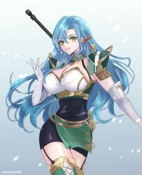 Rule 34 | 1girl, armor, black dress, blue hair, braid, breasts, chloe (fire emblem), cleavage, cleavage cutout, closed mouth, clothing cutout, dress, elbow gloves, fire emblem, fire emblem engage, gloves, green eyes, hair ribbon, helen (helen2210hk), highres, large breasts, long hair, looking at viewer, nintendo, pegasus knight uniform (fire emblem), ribbon, shoulder armor, solo, thighhighs, white gloves