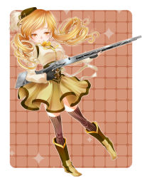 Rule 34 | 10s, 1girl, azs, azusa revi, beret, blonde hair, boots, corset, detached sleeves, drill hair, fingerless gloves, gloves, gun, hat, highres, light smile, long hair, magical girl, magical musket, mahou shoujo madoka magica, mahou shoujo madoka magica (anime), orange eyes, puffy sleeves, rifle, solo, sparkle, thighhighs, tomoe mami, weapon, yellow eyes