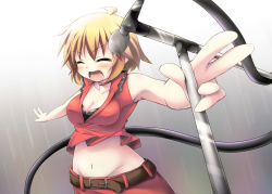 Rule 34 | 1girl, ahoge, belt, blonde hair, blush, breasts, cleavage, closed eyes, cosplay, female focus, lucky star, meiko (cosplay), meiko (vocaloid), microphone, microphone stand, midriff, non-web source, patricia martin, solo, tekehiro, vocaloid